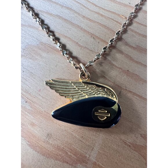 Vintage 14K Gold Plated Sterling Pendant Necklace Wing Design Black Enamel 8G - Picture 7 of 7